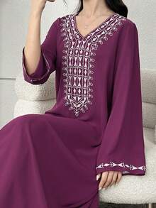SHEIN Teen Girls' Embroidered Purple Long Sleeve Dress,Elegant Autumn Modest Arabic Jalabiya Abaya - Purple - View 9