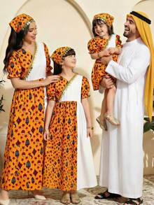 少女优雅传统斋月印花拼接连衣裙 - 彩色 - 查看 4