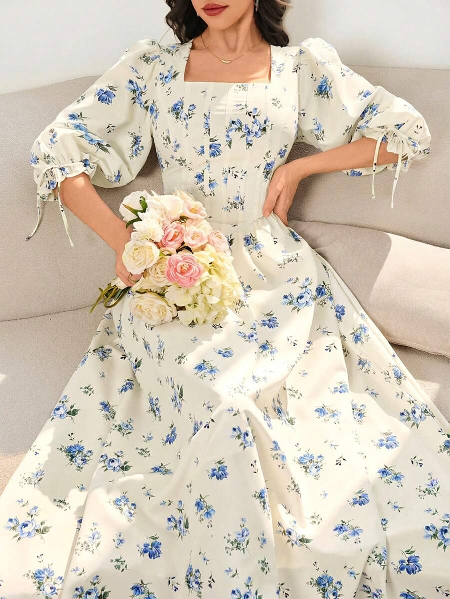 Modelyn 女士印花方领灯笼袖优雅连衣裙 - 藍色 - 查看 1
