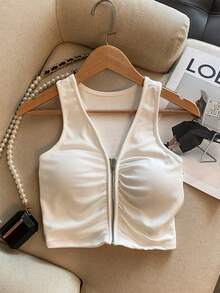 Resyla Minimalist Zipper Design Cropped Tank Top, Layering Or Outerwear - Beige - View 3