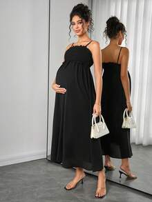 Maternity Solid Color Frill Trim Camisole Nursing Dress, - Black - View 2