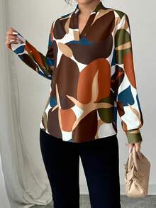 Elenzga Blusa holgada con estampado todo sobre, cuello con muesca y mangas farol, estilo casual de vacaciones para mujer, primavera/otoño