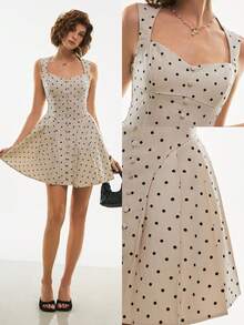 Poéselle Women's Elegant Polka Dot Print Sleeveless Mini Dress, Summer - Apricot - View 6