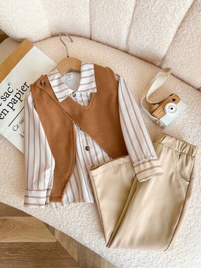 Genkimix Kids 男童三件套不对称背心+条纹衬衫+宽松直筒裤套装，酷炫时尚男童秋季套装