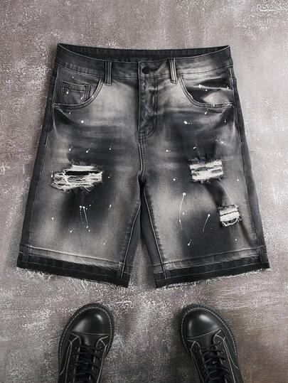 Manfinity EMRG Men's Pocket Distressed Wide Leg Loose Casual Versatile Denim Shorts