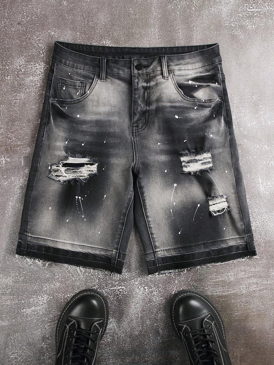 Manfinity EMRG 男士口袋做旧阔腿宽松休闲百搭牛仔短裤 - 灰色 - 查看 1