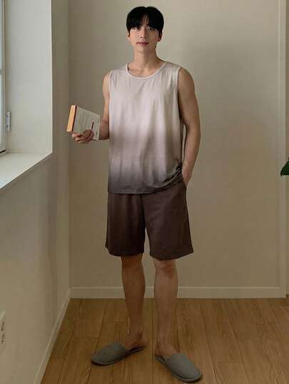 DAZY 男士渐变色无袖上衣和短裤睡衣套装，夏季