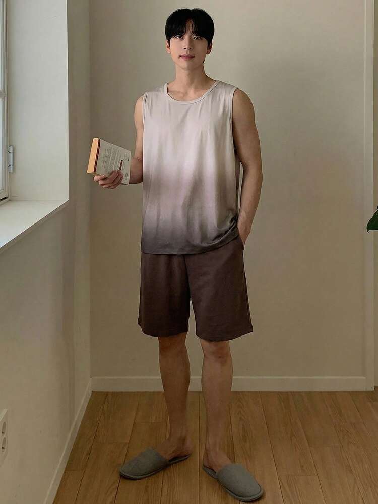 Men's Ombre Color Sleeveless Top And Shorts Pajama Set, Summer