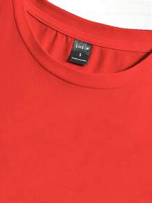 SHEIN Essnce 女士休闲宽松圆领短袖T恤，爱心印花，适合夏季和情人节穿着，红色，春季女装，夏季外出上衣，红色图案T恤，可爱红色上衣 - 紅色 - 查看 3