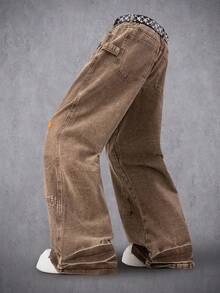 Manfinity EMRG Quần jeans ống rộng thêu dáng rộng, phong cách đường phố Mỹ - màu nâu - Xem 3