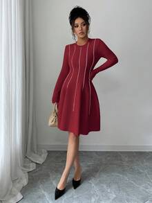 SHEIN Elenzya 秋冬韩版优雅撞色圆领长袖收腰短款泡泡袖连衣裙 - 紅色 - 查看 5