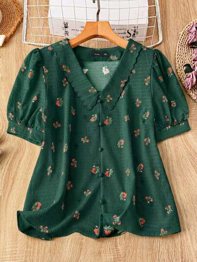 Mulvari Plus Size Women Ditsy Floral Casual Puff Sleeve Shirt