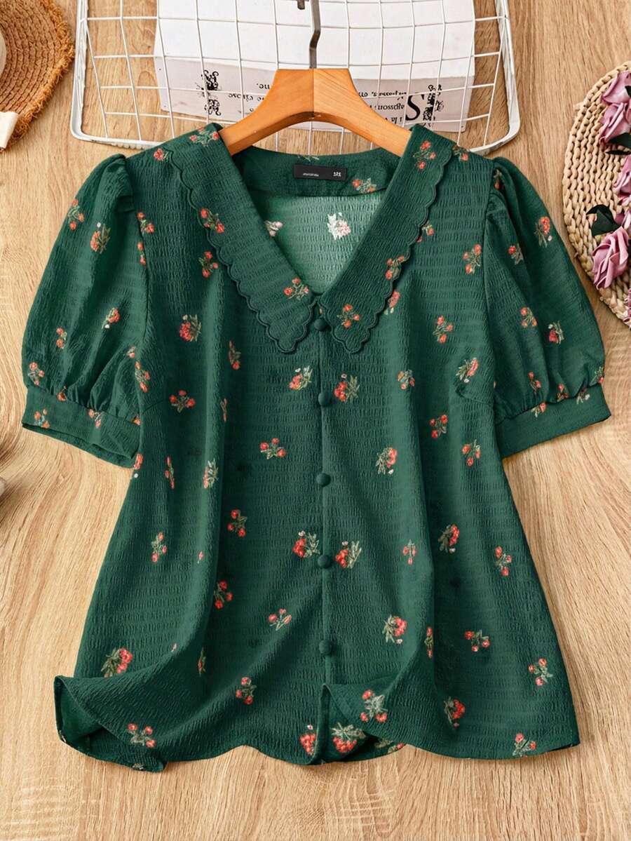 Mulvari 大码女式碎花休闲泡泡袖衬衫 - 墨綠色 - 查看 1