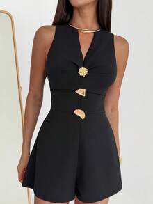 Aloruh Women's Metal Decor Waist Sleeveless Stylish Jumpsuit Black Jumpsuit, Loose-Fitting Wide-Leg Design With Metallic Accents In The Front, Perfect For Office Commuting. Business Casual Woman  Business Casual Outfits Women Business Casual  Business Casual Women  - Black - View 5