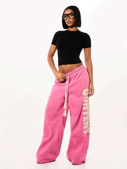 SUMWON WOMEN Oversized Wide Leg Drawstring Sweatpants With Contrast Logo Print For Casual Comfort