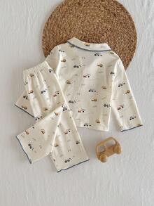 Loomiva 2件套男婴卡通汽车图案翻领长袖开衫衬衫和松紧腰裤套装 - 藍白色 - 查看 2