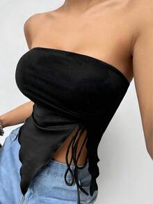 SHEIN EZwear 夏季不对称下摆单肩上衣，配有侧抽绳细节 - 黑色 - 查看 1