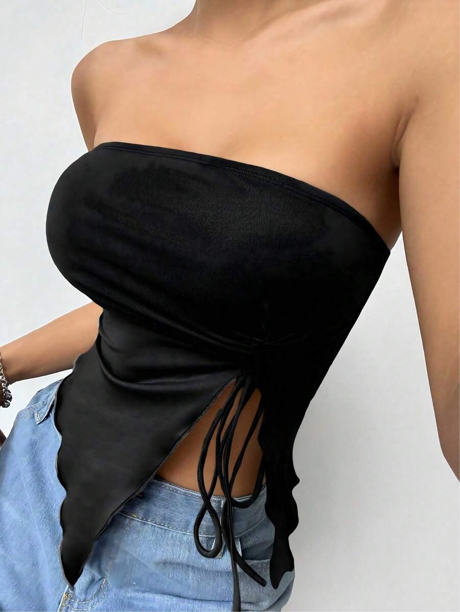 SHEIN EZwear 夏季不对称下摆单肩上衣，配有侧抽绳细节 - 黑色 - 查看 1