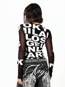 SUMWON WOMEN Long Sleeve Mesh Insert Graphic Typography Top With Bold Letter Print And Sheer Sleeves - Black - View 2