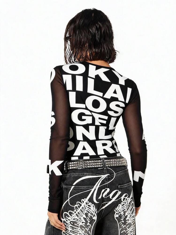 SUMWON WOMEN Mesh Insert Graphic Typography Top With Sheer Sleeves