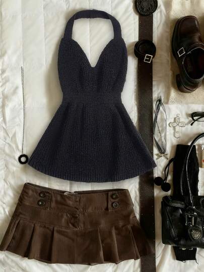 Glimmora Top de punto con escote en V profundo, sin espalda y con cuello halter, de moda y sexy