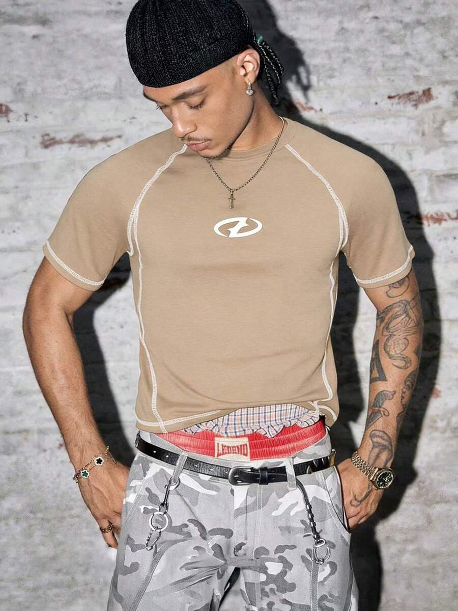 AXEPEAK 男士休闲撞色拼接短袖T恤，夏季 - 卡其色 - 查看 1