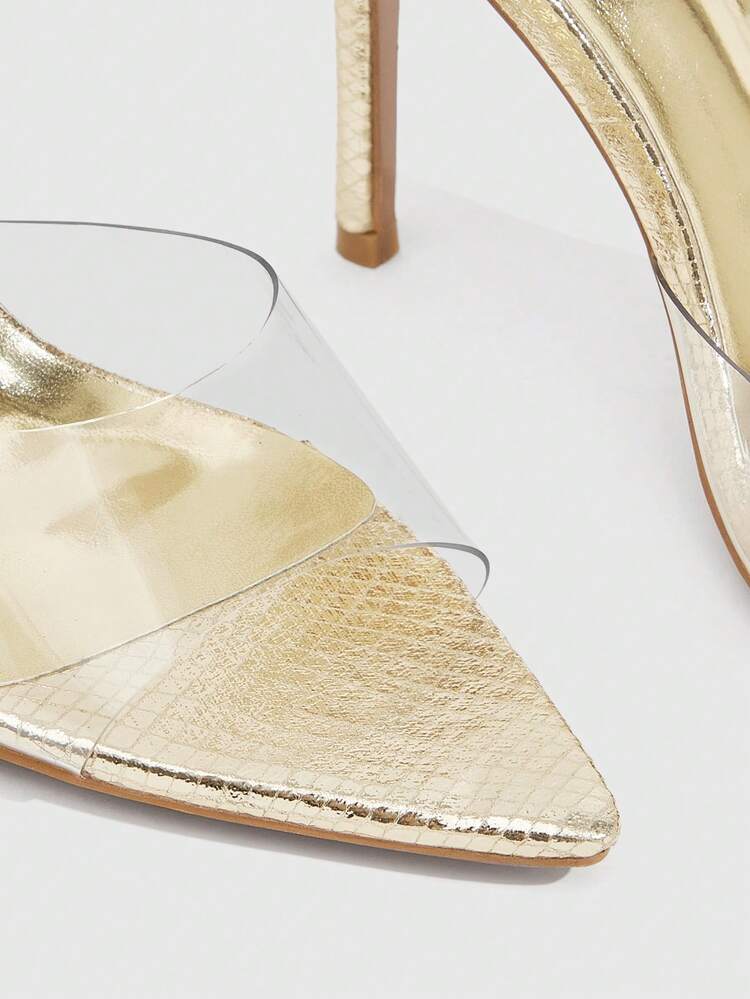 CUCCOO SZL Women's Transparent TPU Rhinestone Silver Metal Pointed Toe Sexy Fashion Mule High Heel Sandals