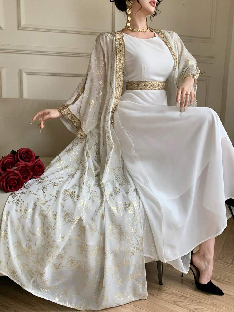 Women's Elegant Colorblock Lace Patchwork Dress, Lace Patchwork Long Robe, 2 Pieces Set, Spring/Summer,Wedding Guest Dress Women