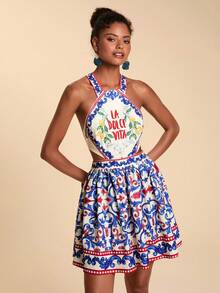 Travachic Đầm cổ yếm thời trang in chữ và trái cây dành cho nữ, thích hợp cho kỳ nghỉ. - Nhiều màu - Xem 8