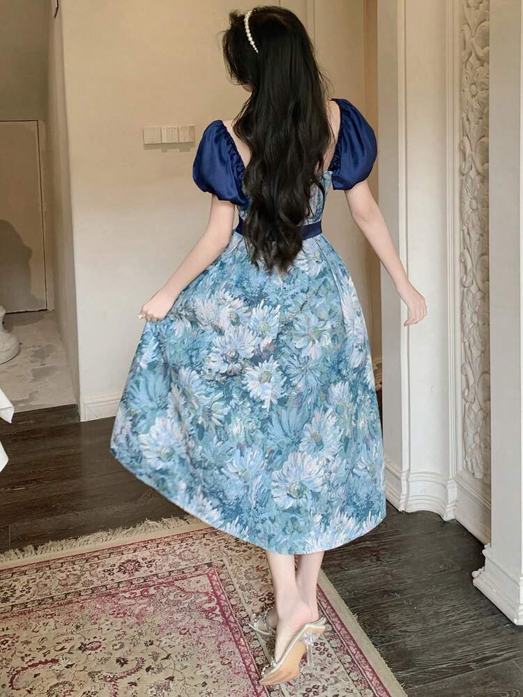 Women's Elegant Floral Patchwork Contrast Color Square Neck Puff Sleeve Dress, Summer Wedding Guest Dress Maxi Dress Sundress