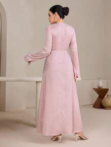 Graceveil 女士优雅提花长袖收腰开衩连衣裙，春秋季 - 粉色 - 查看 3