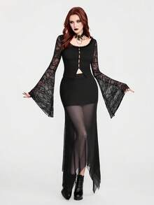 Breakform 女士哥特式性感优雅弹力腰半透明网纱拼接不对称下摆纯色针织内衬紧身半身裙，适合日常出行、约会、派对等场合。 - 黑色 - 查看 6