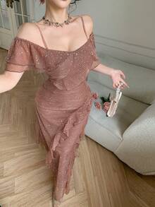 DAZY 女士优雅亮片荷叶边不对称中长连衣裙，夏季 - 粉色 - 查看 4