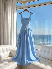 GlowEve Elegant Commuter Work Vacation Pleated Asymmetric Strap Dress - Blue - View 2