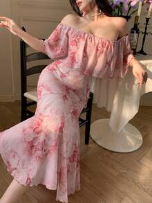 DAZY Women's Elegant Floral Off Shoulder Fishtail Dress, Summer Wedding Guest Dress Maxi Dress Sundress - Pink - View 6