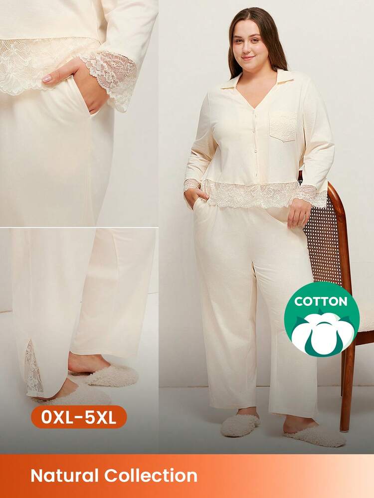 Plus Size Lace Trim Button-Up & Pants Pajama Set
