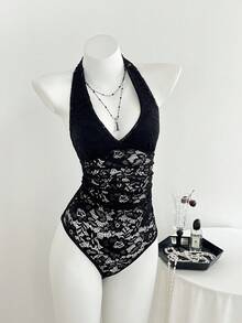Elamini Casual Versatile Deep V-Neck Ruched Black Lace Bodysuit - Black - View 3