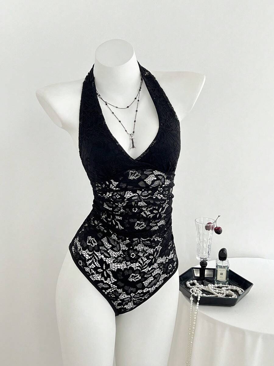 Elamini Áo liền thân ren đen xếp ly cổ chữ V sâu, đa năng, phong cách thường ngày. - màu đen - Xem 1