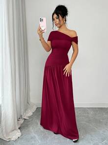 Rafferiza 不对称领口褶皱长款连衣裙 - 酒紅色 - 查看 5