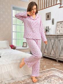 CottageSlumber Conjunto de pijama de cárdigan con cuello de volantes de burbujas florales y pantalones para mujer, ropa de otoño e invierno - Multicolor - Ver 5