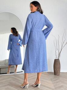EURMUSE Women, Long, Blazer, Jacket Fake Linen - Blue - View 2