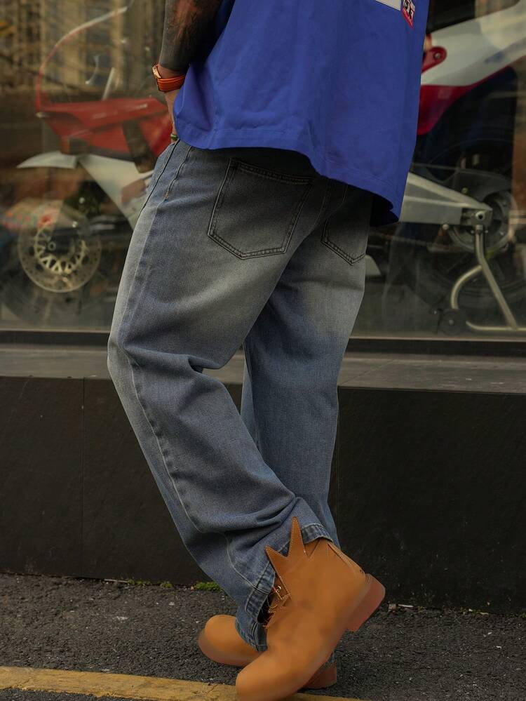 Men's Plain Washed Blue Distressed Denim Jeans, Suitable For Spring And Autumn