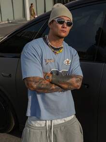 DAZY Summer Letter Print Blue Round Neck Streetwear Men T-Shirt - Blue - View 6