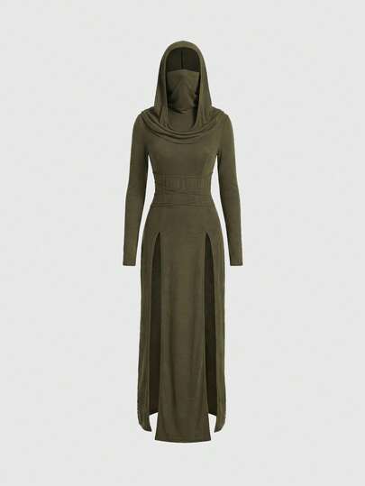 Grunge Punk Y2K Millennium Retro Apocalyptic Hooded Plunging Neckline High Slit Dress