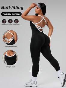 SHEIN Rhythm Era 大码女式黑色露背连体裤，适合跑步、瑜伽、健身、户外运动。