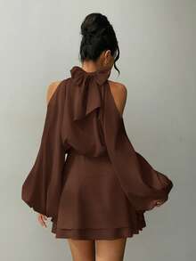 Aloruh 女士新款杏色纯色长袖迷你连衣裙，灯笼袖A字裙，适合派对、约会、下午茶等场合，秋冬季款 - 棕色 - 查看 2