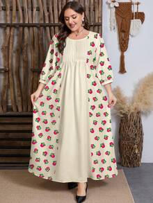 SHEIN Najma 大码女式花卉植物数码印花褶皱腰部中长连衣裙，喇叭下摆，春季长袖连衣裙，女士端庄连衣裙，农家连衣裙，花卉长裙 - 彩色 - 查看 1
