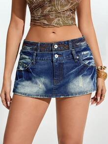 Jeanoix Women's Summer Casual Low Waist Embroidered Denim Shorts - Blue - View 1