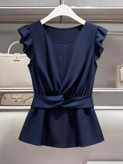 GlowEve CURVE 大码女式圆领扭结短袖衬衫，适合日常通勤、外出和社交活动