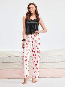 Bonmuse Bộ 3 quần pajama nữ in hình trái tim, chất liệu vải dệt kim polyester, thoải mái khi mặc, mềm mại, nhẹ nhàng, thích hợp cho mùa xuân, mùa hè và mọi mùa. - Nhiều màu - Xem 2